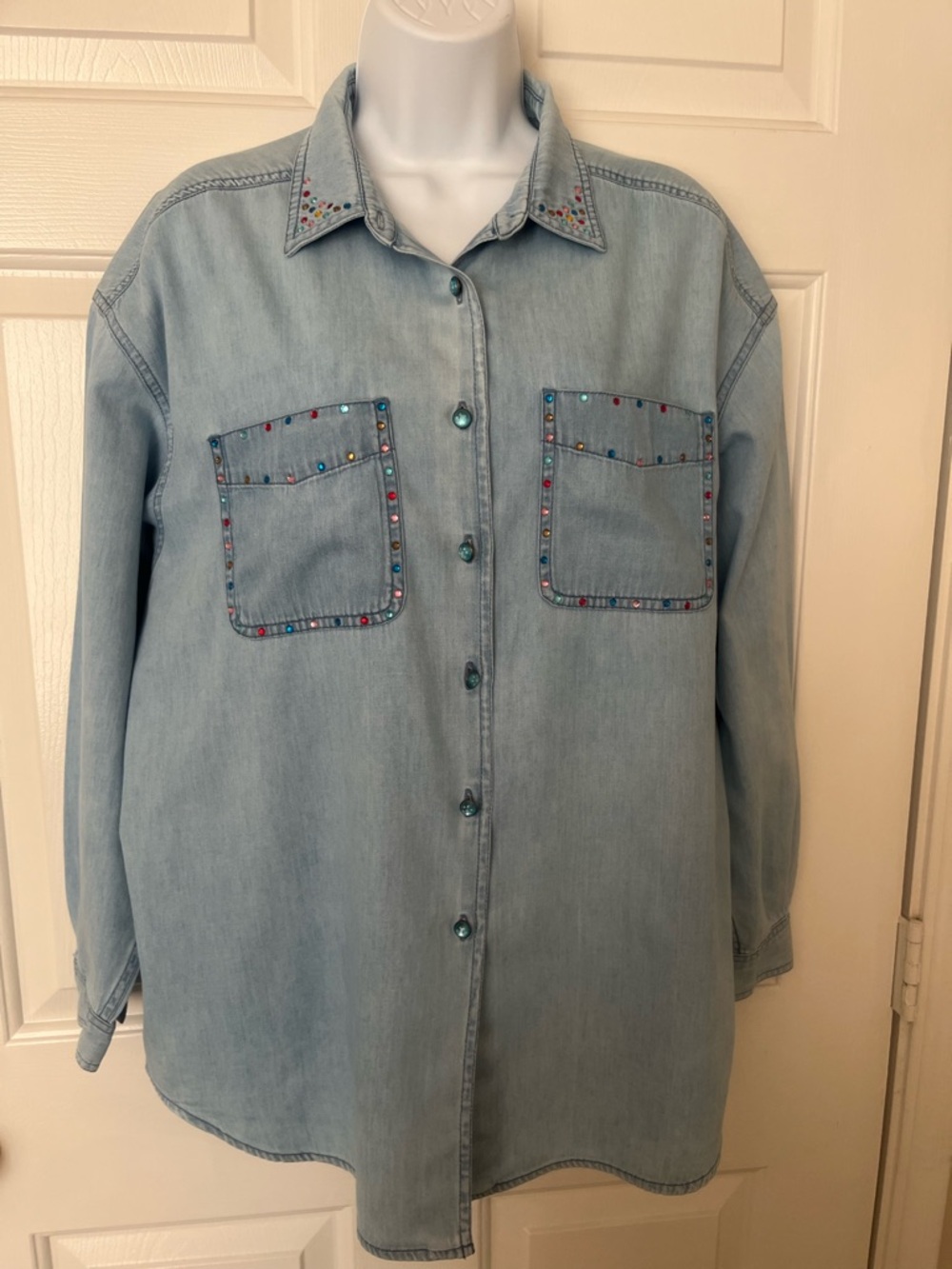 Light Blue Denim Shirt with Multicolor Stud Details